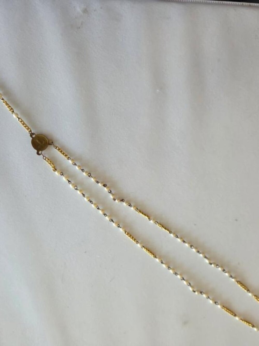 Vintage Catholic Faux Pearl Rosary Necklace Gold Tone Crucifix Center Medal
